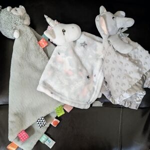 3 Soft Gray Unicorn & Elephant Baby Lovey Set - Neutral Comfort Blankets